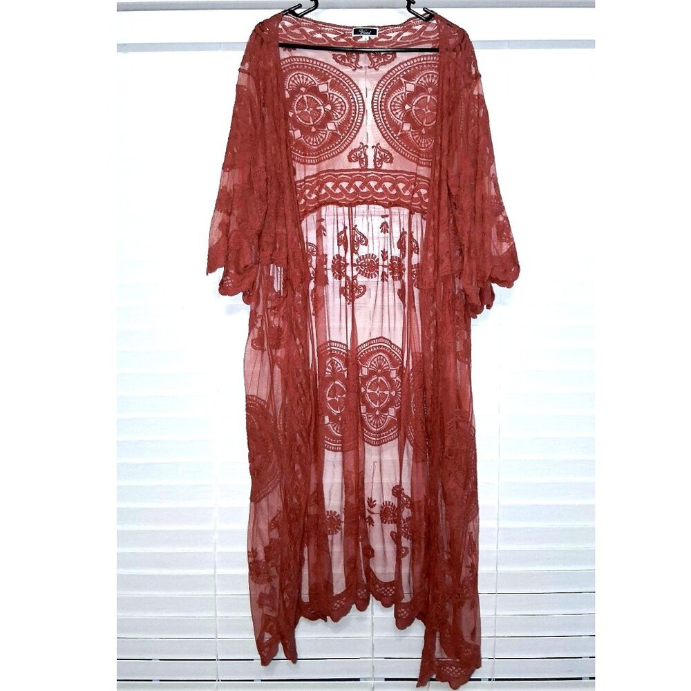 Burnt Orange Sheer Lace Long Kimono Open Cardigan Cover Up Duster Size Small
